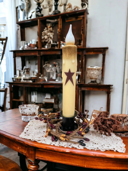 Burgundy Primitive Star Battery Operated Timer Taper Candle - 7"