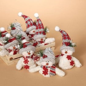 7"H Plush Holiday Snowman Ornament in Wood Display Box, 3 Asst
