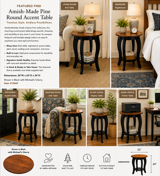 Featured Find: Amish-Made Pine Round Accent Table – Black & Michael's Cherry