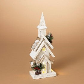 15.2"H B/O Lighted Wood Church w/ Pine and Berry Accent w/ Timer