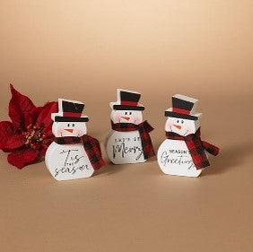 4.45"H Wood Snowman Figurine w/ Fabric Scarf, 3 Asst