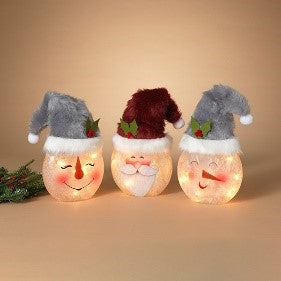 13"H Electric Lighted Glass Snowman & Santa Head w/ Fabric Hat, 3 Asst