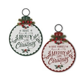 11.8"H Embossed Metal Holiday Design Wall Hanging w/ Pine & Berries, 2 Asst