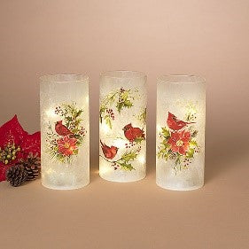 7.9"H B/O Lighted Frosted Glass Cardinal Cylinder Luminary w/ Timer, 3 Asst