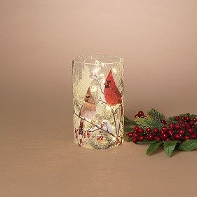 7.9"H B/O Lighted Crackle Glass Holiday Cardinal Design Luminary w/ Timer
