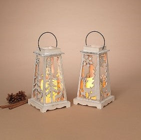 10.35"H B/O Lighted Wood Holiday Lantern w/ LED Candle & Timer, 2 Asst