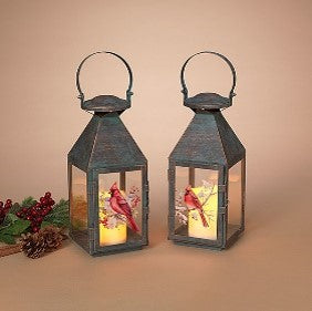 12.3"H B/O Lighted Metal & Glass Cardinal Design Lantern w/ LED Candle, 2 Asst w/ Timer