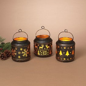 5.31"H B/O Lighted Metal Holiday Lantern w/ LED Candle & Timer, 3 Asst