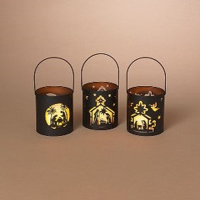 3.94"H B/O Lighted Metal Nativity Lantern w/ LED Candle & Timer, 3 Asst