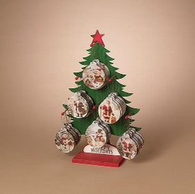 4.3"H Wood High Gloss Finish Christmas Ornament w/ Tree Display, 6 Asst