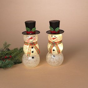 10"H B/O Lighted Frosted Glass Snowman w/ Metal Hat, 2 Asst