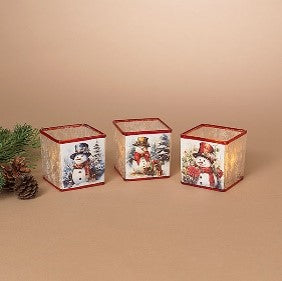 3"H Frosted Glass Snowman Design Tealight Holder, 3 Asst