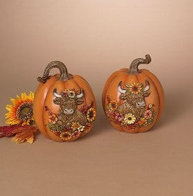 8.4"H Resin Harvest Highland Cow Design Pumpkin, 2 Asst