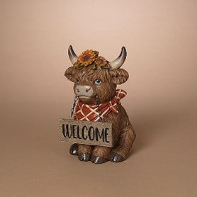 12.2"H Resin Harvest Highland Cow w/ Welcome Sign