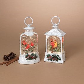 8.25"H B/O Lighted Spinning Water Globe Lantern w/ Cardinal Scene & Timer, 2 Asst
