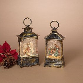 8.5"H B/O Lighted Nativity Spinning Water Globe Lantern w/ Timer, 2 Asst