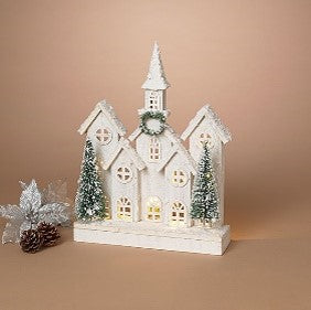 17.2"H B/O Lighted Holiday Wood Church w/ Tree & Timer