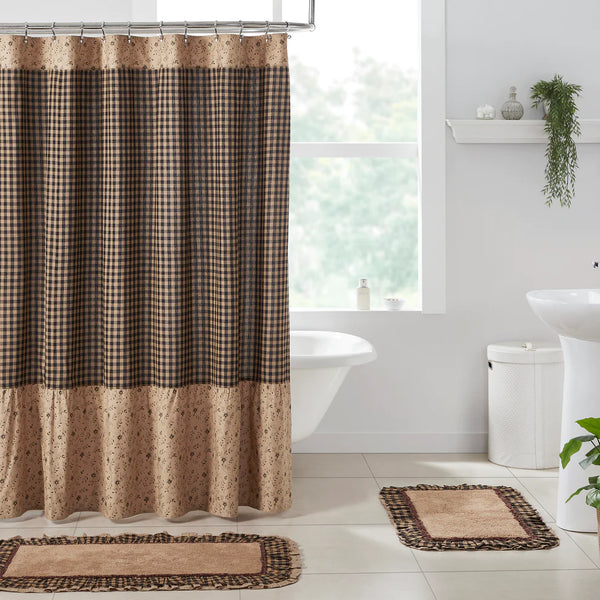Maisie Ruffled Check Black Tan Shower Curtain 72x72