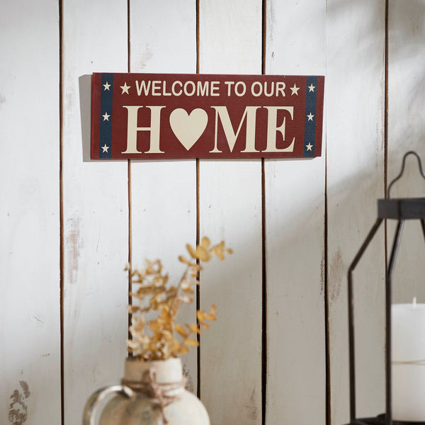 Welcome To Our Home with White Stars On Blue Stripes Wall Sign