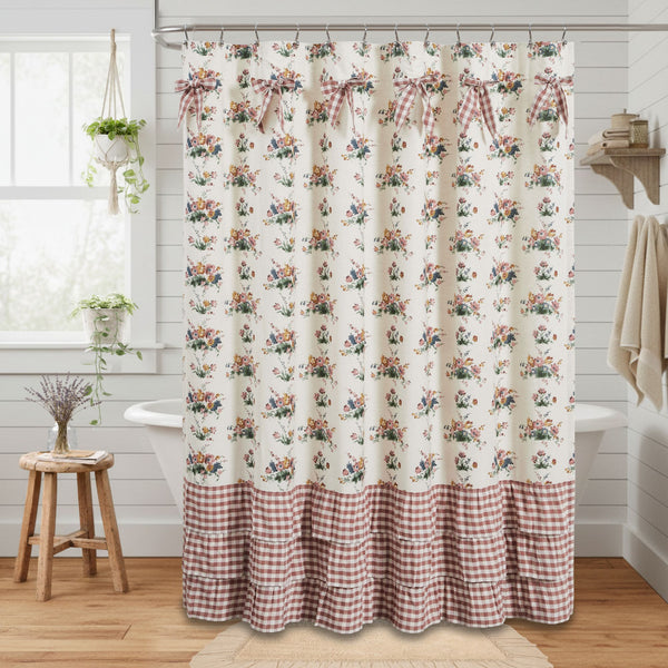 Rosehill Cottage Floral & Gingham Ruffled Cotton Shower Curtain-72x72