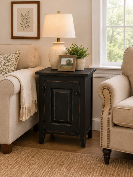 Featured Find-Accent Table - Single Door Cabinet with Raised Panel - Black
