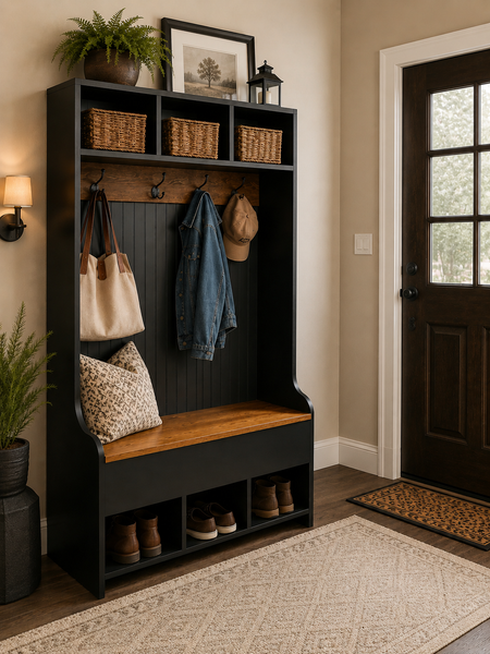 Amish-Made Large Hall Bench with Lid & Cubbies