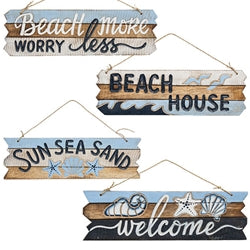 Beach More Worry Less Distressed Wooden Sign, 4 Asstd.