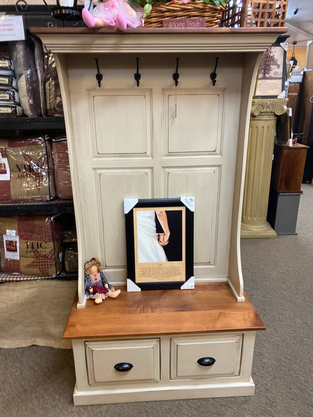 Hall Bench with 2 Drawers - Antique White with Cherry