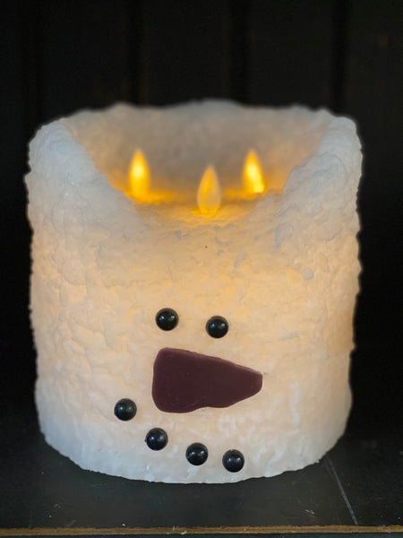 Snowman Bumpy White Moving Flame LED Candle 6"x6"