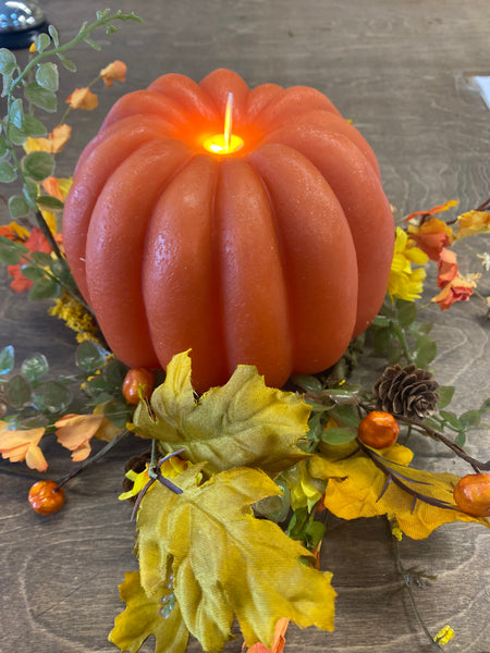 Orange Pumpkin Carved Timer Moving Flame LED Candle 6"x5"