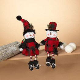15"H Plush Holiday Snowman Shelf Sitter Red and Black Plaid