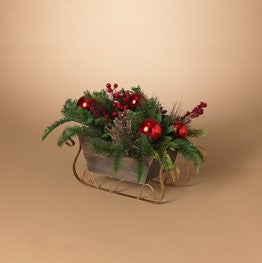 17"L Wood & Metal Holiday Sleigh with Floral