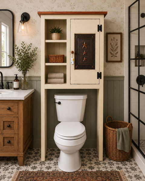 Over the Toilet Cabinet-Antique White with copper star insert in door