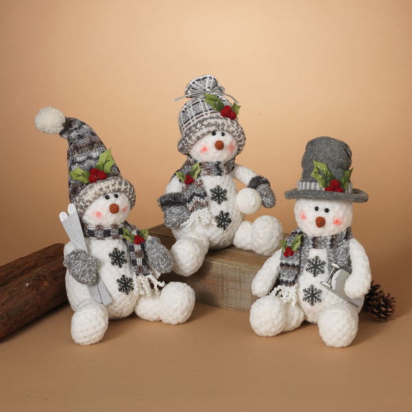 12"H Plush Holiday Sitting Snowman w/ Hat & Scarf, 3 Asst