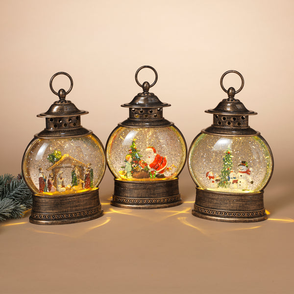11" Battery Operated Lighted Spinning Water Globe Lantern with Holiday Scene & Timer