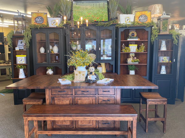 Lancaster Legacy Island Set #3-Ancient Mission Extension Top Island in Antiquated Brown Maple with Clifton Stools & Benches