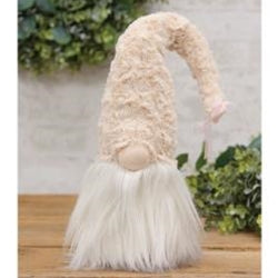 Fuzzy Cream Hat Gnome with Pink Ribbon