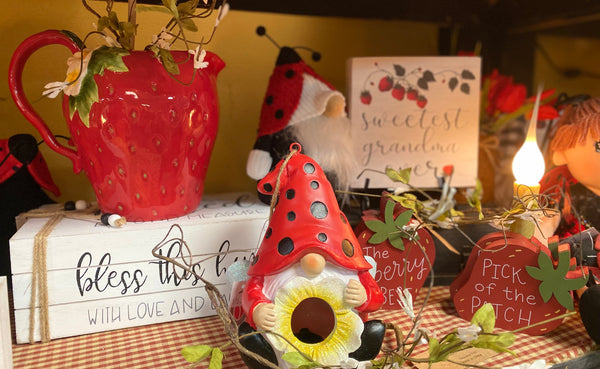 Strawberry, Grandma, Ladybug gnomes, and sunflowers