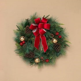 28"D Holiday Pine & Berry Wreath w/ Bow & Jinglebell Accent
