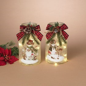 7.9"H B/O Lighted Frosted Glass Snowman Design Luminary w/ Floral, 2 Asst