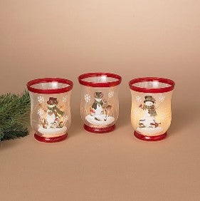 4.3"H Frosted Glass Snowman Design Hurricane Candle Holder, 3 Asst