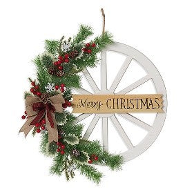 19"H Wood Holiday Wheel w/ Floral & Sign Wall Decor