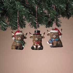2.9"H Resin Holiday Highland Cow Ornament, 3 Asst