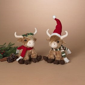 8"H Plush Holiday Highland Cow, 2 Asst