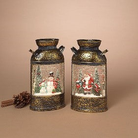 10"H B/O Lighted Spinning Water Globe Milk Can w/ Holiday Scene & Timer, 2 Asst