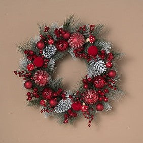 24"D Holiday Pine Wreath w/ Ornaments, Pinecones & Berries