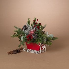 16"L Metal Holiday Sleigh w/ Floral Arrangement