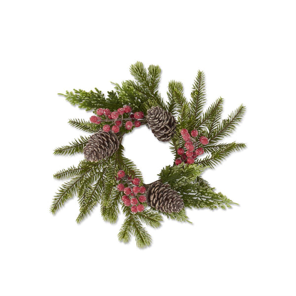 Candle Ring - Glittered Icy Mixed Pine with Red Berries & Pinecones