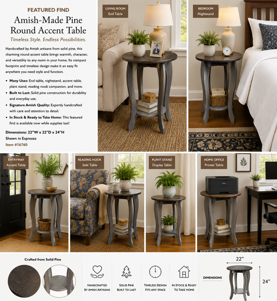 Featured Find: Amish-Made Pine Round Accent Table – Pewter with Kona