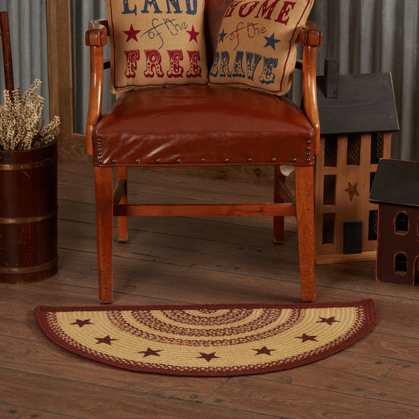 Burgundy & Tan Jute Braided Rug - Stencil Stars - Half Circle